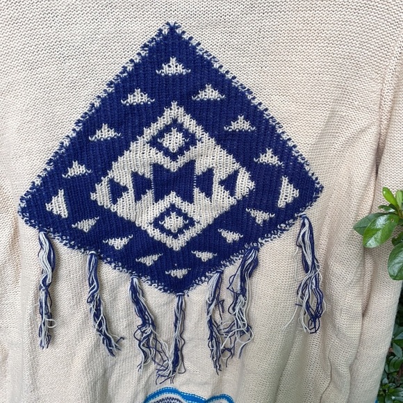 Red Camel Tan Open Front Sweater Cascading Waterfall Blue Stripes Fringes Aztec - Picture 12 of 16